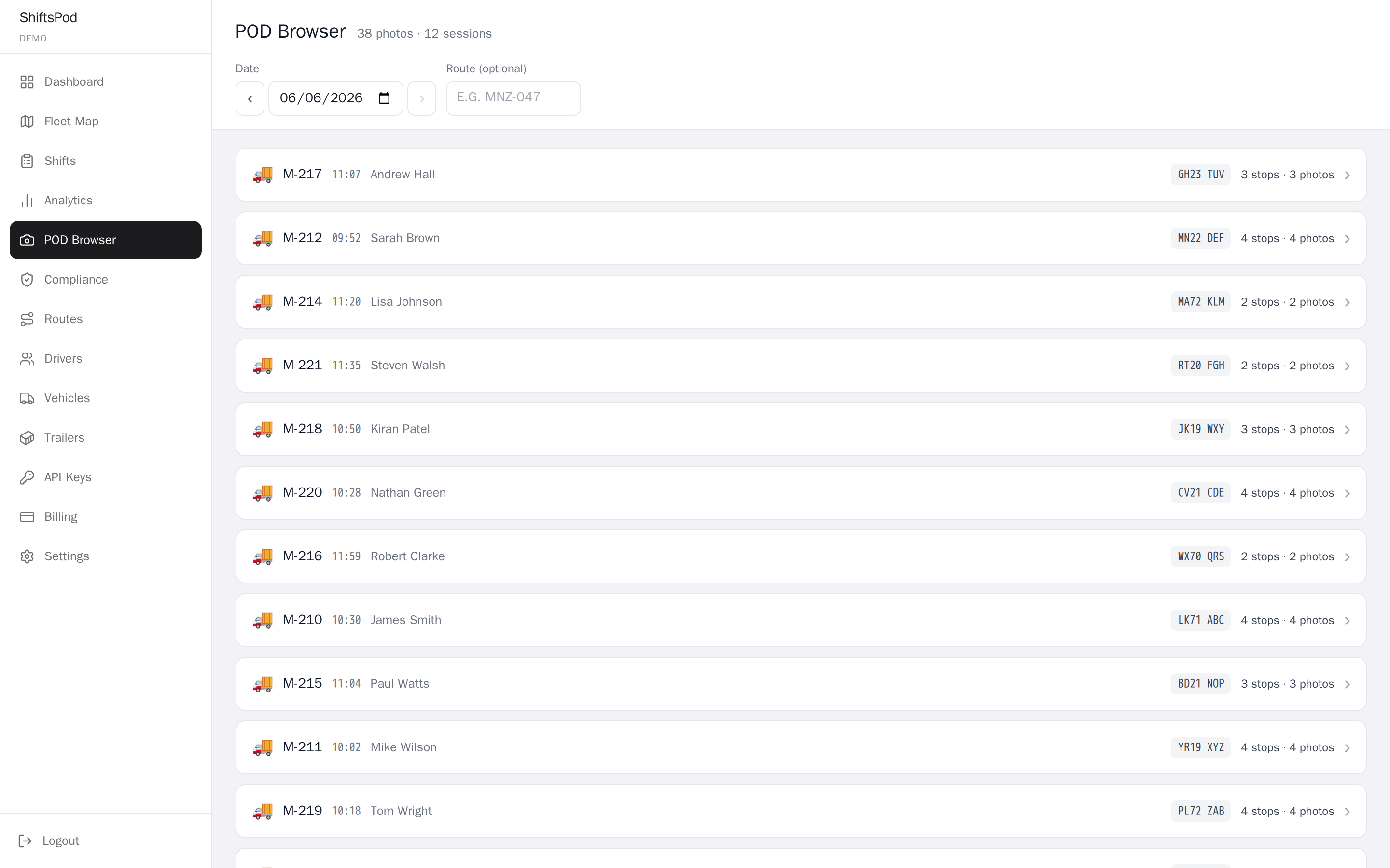 ShiftsPod proof-of-delivery browser