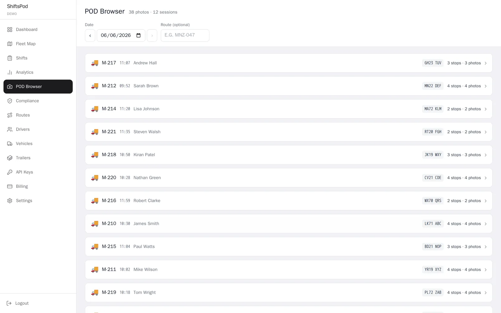 ShiftsPod proof-of-delivery browser